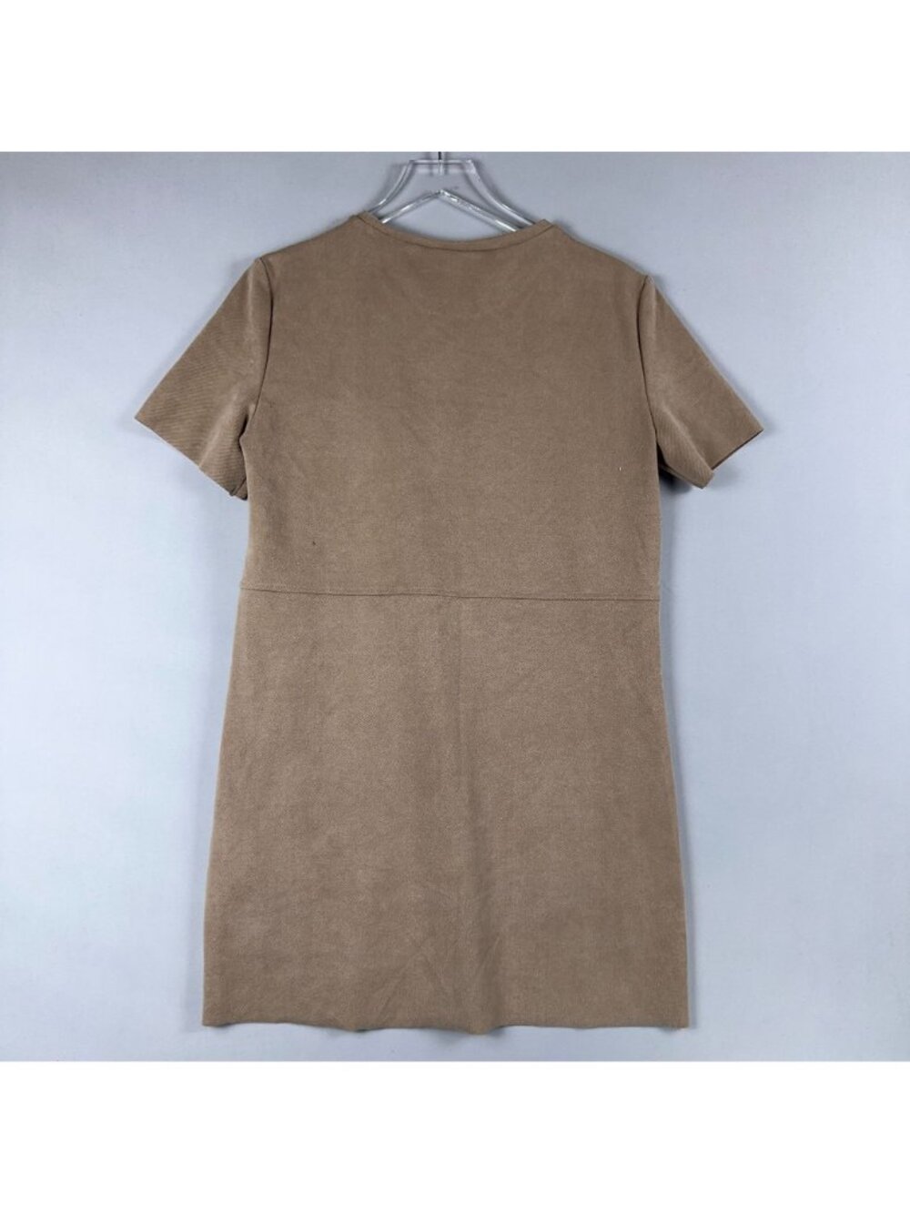 Zara Shift Dress Size Medium Tan Faux Suede Short-Sleeve Front Pockets - Picture 3 of 10
